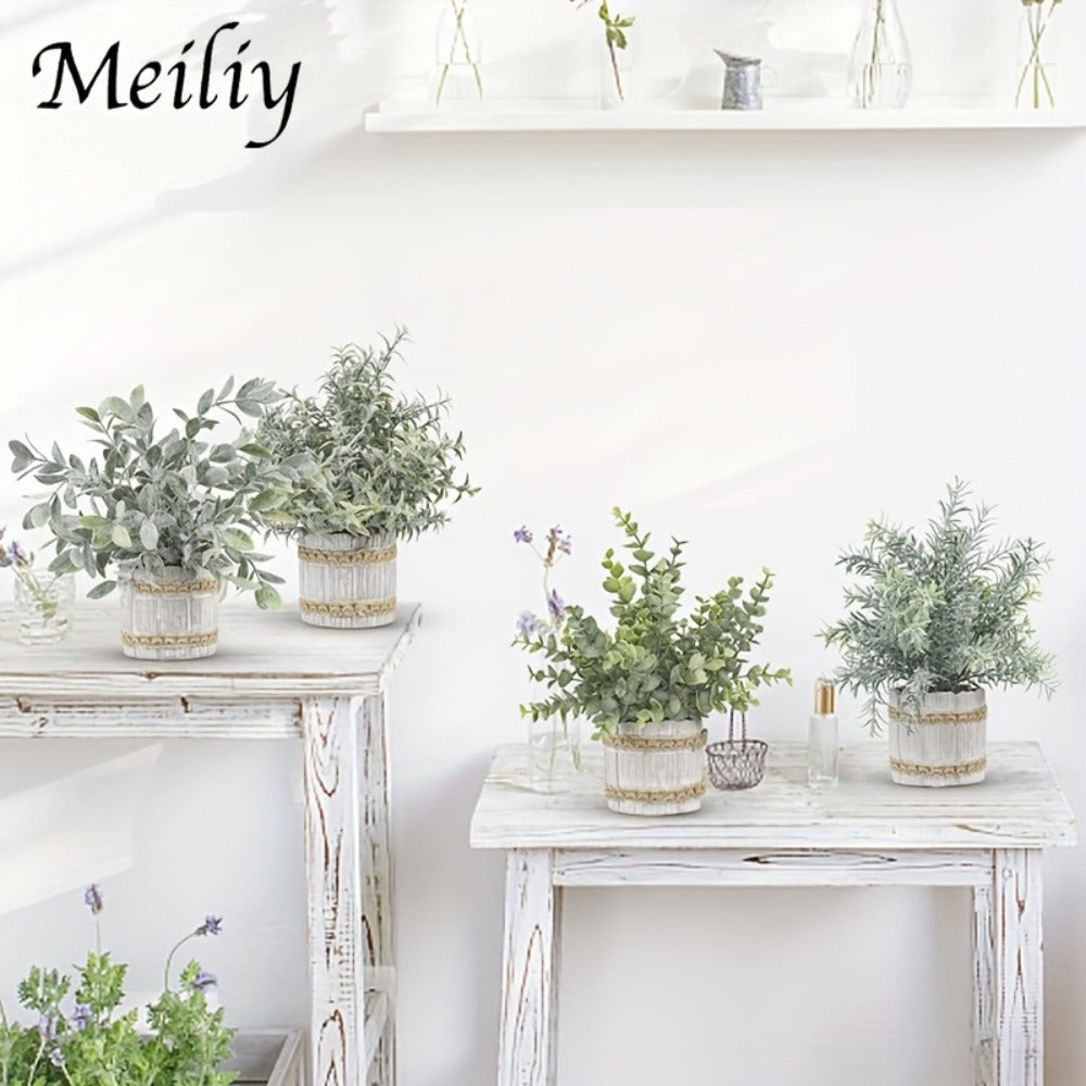 Mini Artificial Potted Plants 4 Pack, Realistic Fake Greenery in White Pots for Home, Office & Party Decor