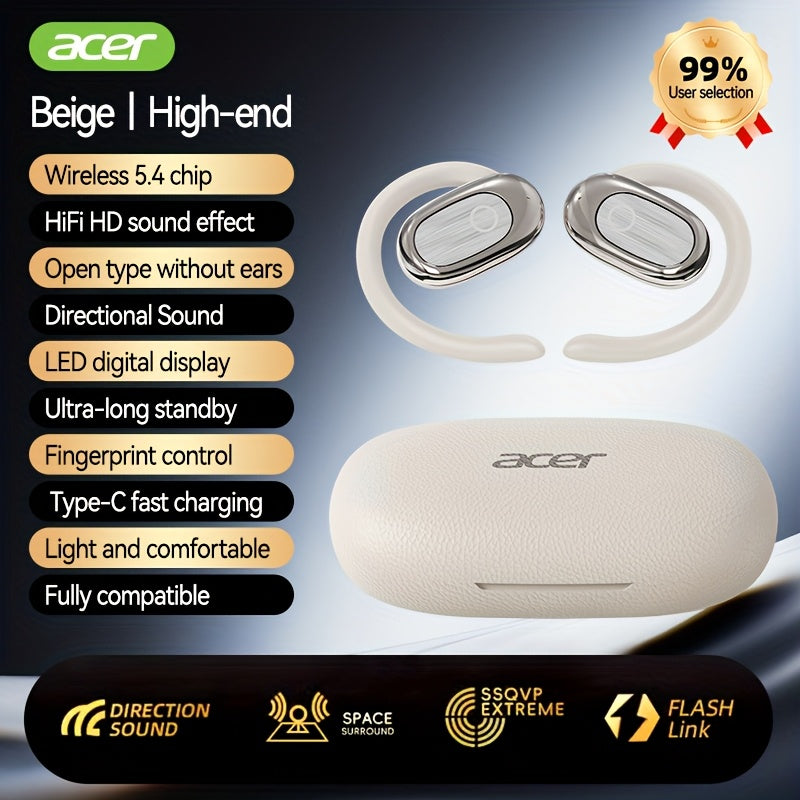 True Wireless Earbuds Acer Open-Ear Earhook Set with Bluetooth 5.4, LED Display Case, Touch Controls and Type-C Charging