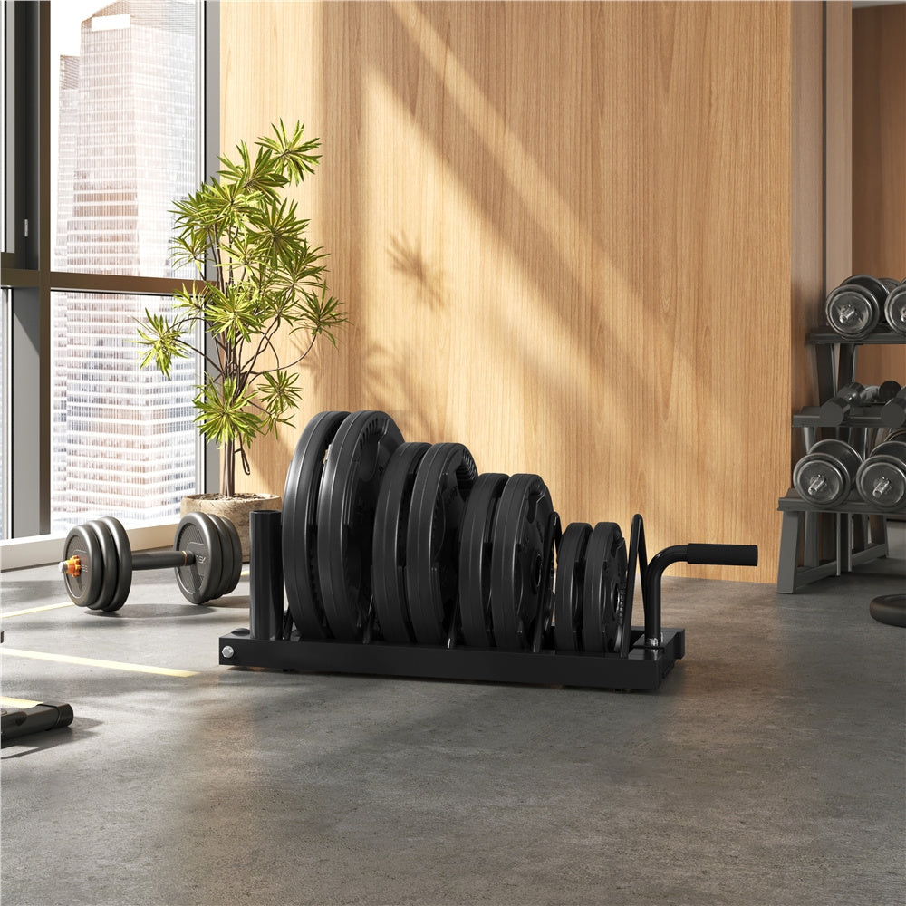 Barbell & Weight Plate Storage Rack with Wheels & Handle – 300 lb Capacity, 2 Barbell Holders, 4 Plate Slots