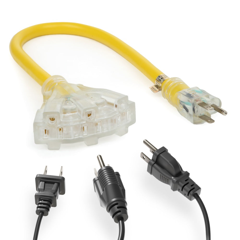 Extension Cord Splitter Tri-Tap 2-Pack, 15A SJTW Contractor Grade, LED Lighted Plug, 2ft Yellow Jacket for Outdoor & Job Site Use