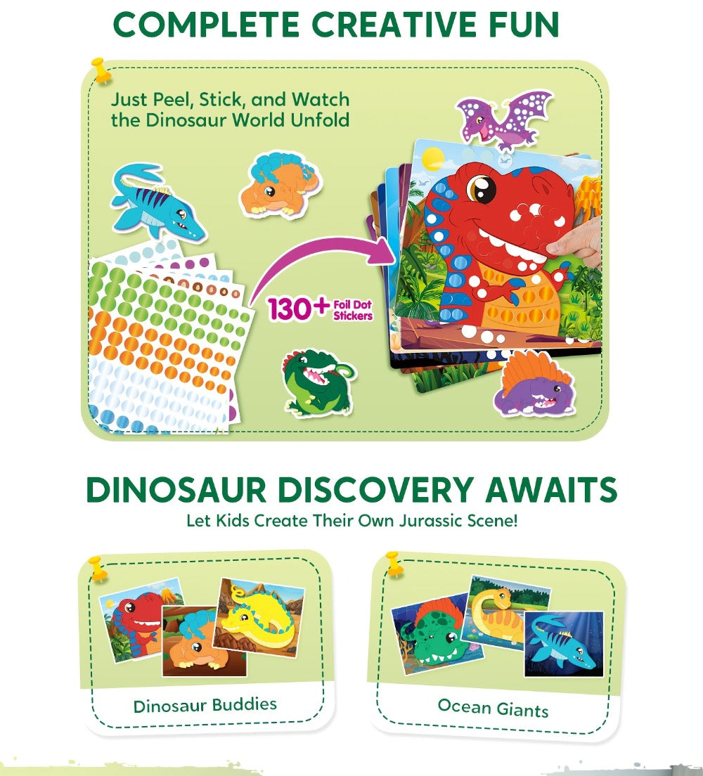 Dinosaur Dot Sticker Art Kit with 12 Picture Canvases and More Than 1, 400 Colored Dot Stickers