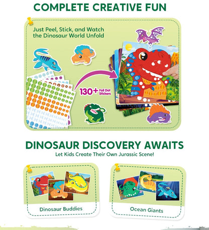 Dinosaur Dot Sticker Art Kit with 12 Picture Canvases and More Than 1, 400 Colored Dot Stickers