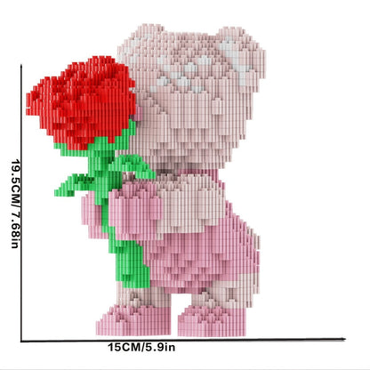 Rose Bear Building Blocks Set 4051 Pieces – Romantic Bear Holding Rose Brick Model Kit High-Difficulty Display Build