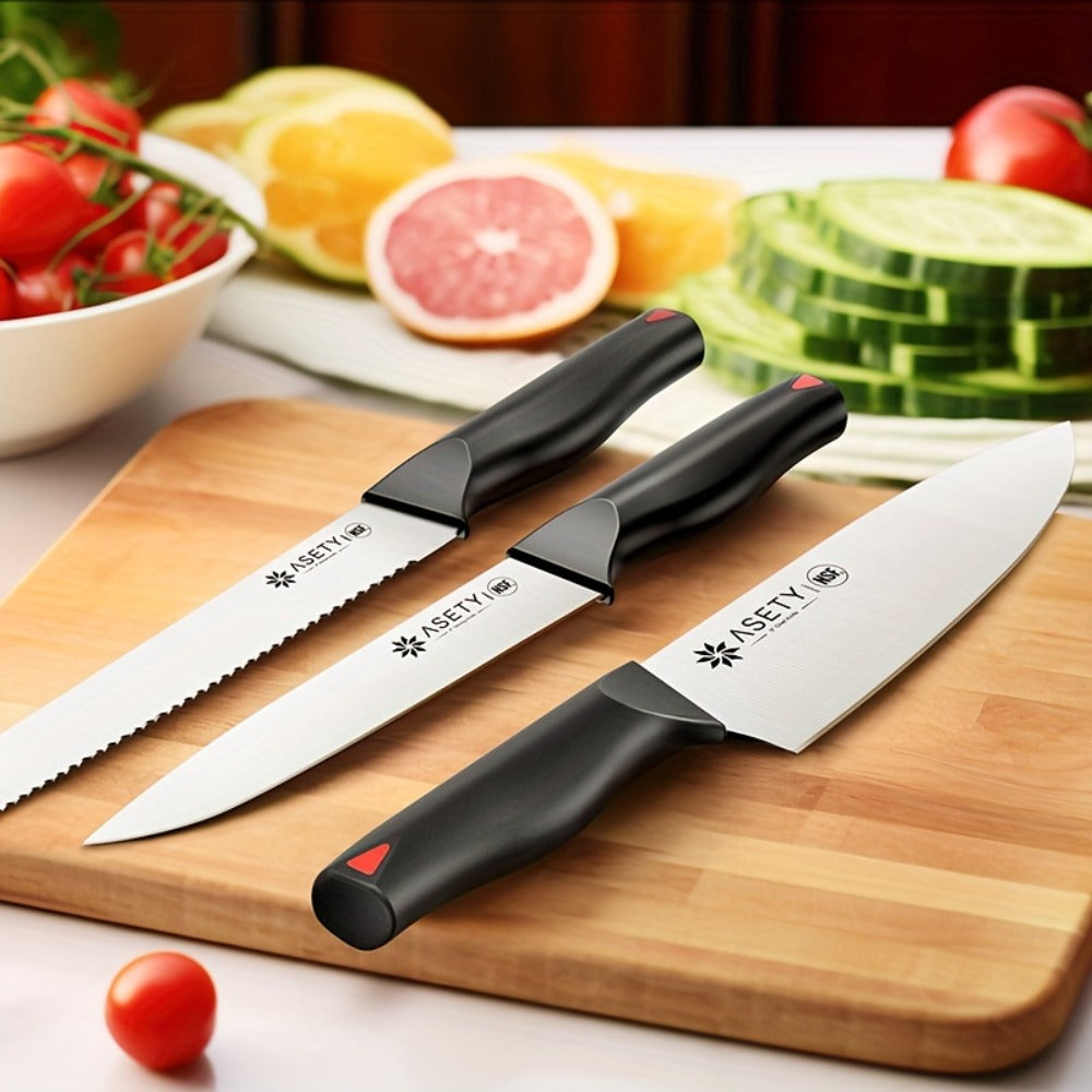 Kitchen Knife Set by ASETY, 15-Piece Stainless Steel Block Set with PP Handles in Two Finish Options