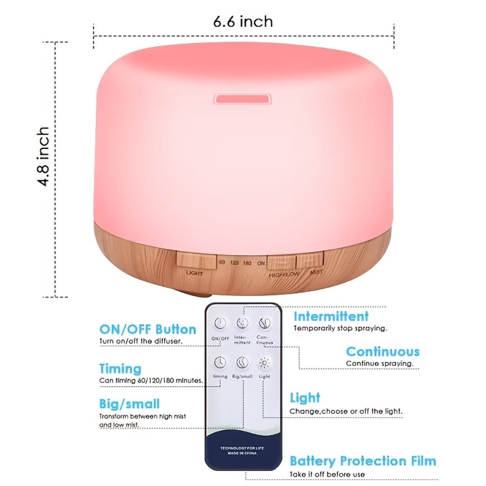 500ml Aroma Diffuser with Continuous or Intermittent Mist, Seven-Color Light, Four Timers and Remote Control