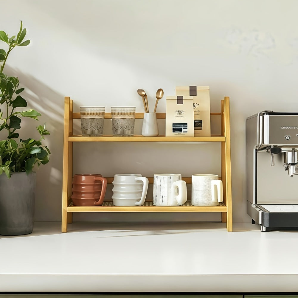 Bamboo Countertop Shelf Organizer 2-Tier – Trapezoidal Wooden Storage Rack for Kitchen Office Bedroom and Desk