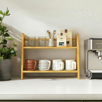 Bamboo Countertop Shelf Organizer 2-Tier – Trapezoidal Wooden Storage Rack for Kitchen Office Bedroom and Desk