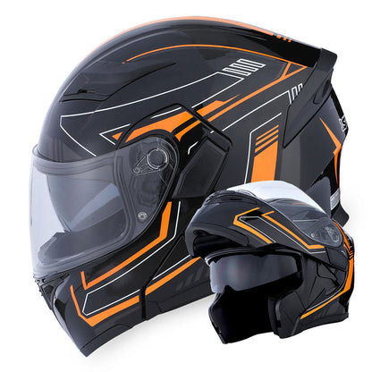 Motorcycle Helmet Modular Flip-Up Full-Face Shell with Dual Visors, S-XL Sizes and Arrow, Storm or Glossy Styles