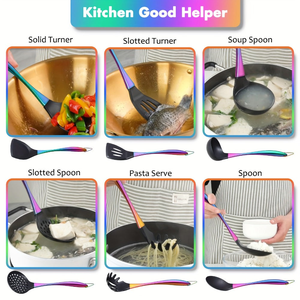 Silicone Cooking Utensils Set 17 Piece Rainbow Titanium with Rotating Holder – Heat Resistant Non-Stick Spatulas