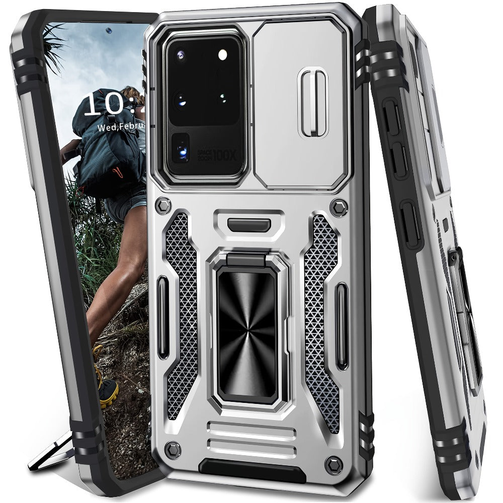 Samsung Galaxy Shockproof Magnetic Phone Case with 360° Rotating Ring Bracket & Sliding Lens Protector – Heavy Duty Cover for S24FE S23FE