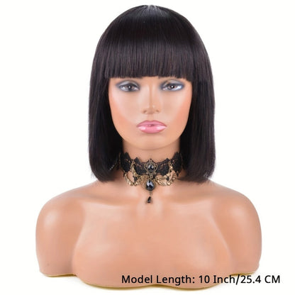 Straight Bob Human Hair Wig with Full Machine-Made Cap, Black Finish and Bangs, 8–16 Inch Options