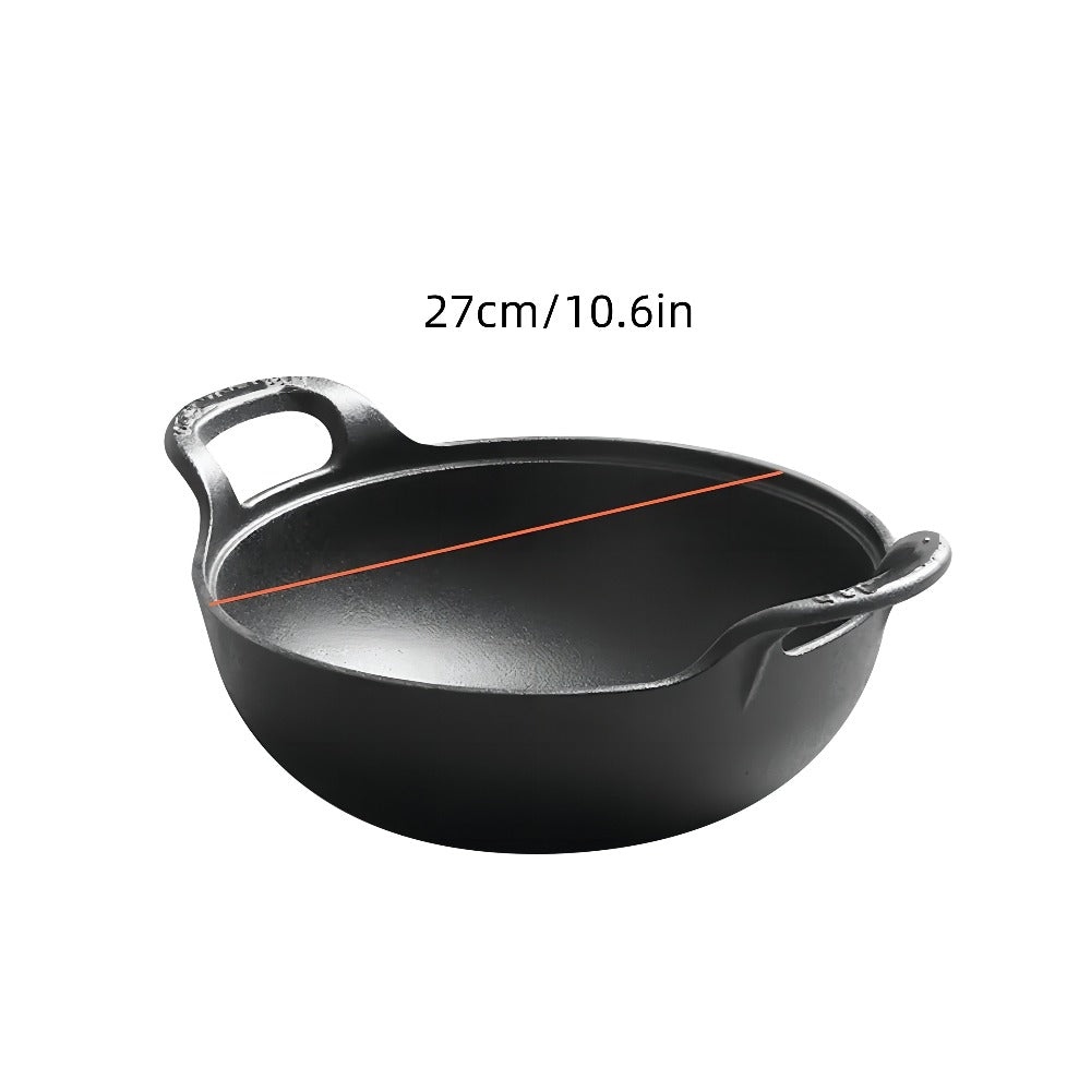 Cast Iron Wok Skillet Non-Stick Deep Stir Fry Pan with Dual Handles – Uncoated Traditional for Home Cooking, Dining and Outdoor Meals