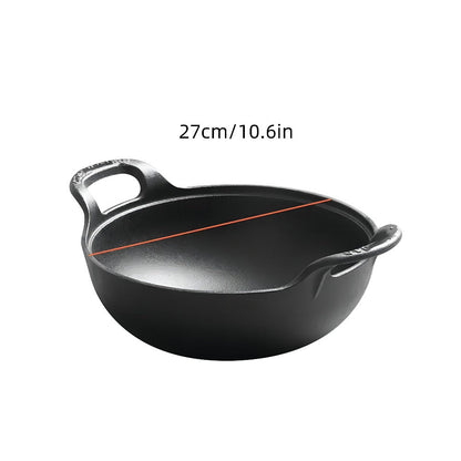 Cast Iron Wok Skillet Non-Stick Deep Stir Fry Pan with Dual Handles – Uncoated Traditional for Home Cooking, Dining and Outdoor Meals