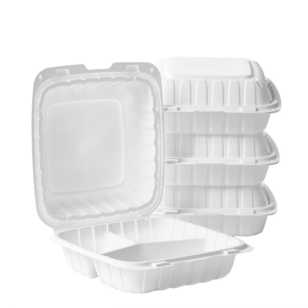 Disposable Food Containers Take Out Boxes with Lids - 7" 8" 9" Plastic Clamshell Meal Prep Containers 1 & 3 Compartment Reusable White