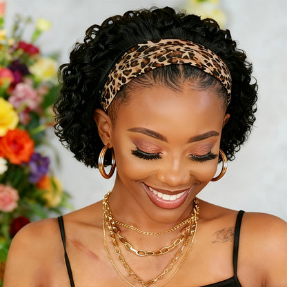 Kinky Curly Headband Wig Human Hair Brazilian 150% Density Glueless 6 Inch | No Glue No Gel Black Burgundy Rust | Beginner Friendly Daily
