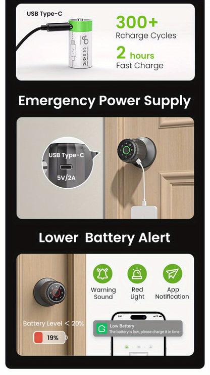 GHome KD03 PRO Smart Door Knob 4-in-1 with USB-C Charging & Gateway Remote – Fingerprint, Keypad & App, Anti-Peep, Tamper Alarm