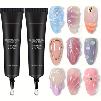 No Wipe Clear 3D Nail Sculpting Gel 2pcs 0.51oz DIY Carving Gel for Raised 3D Designs Flowers Swirls Painting Decoration UV LED Builder Gel