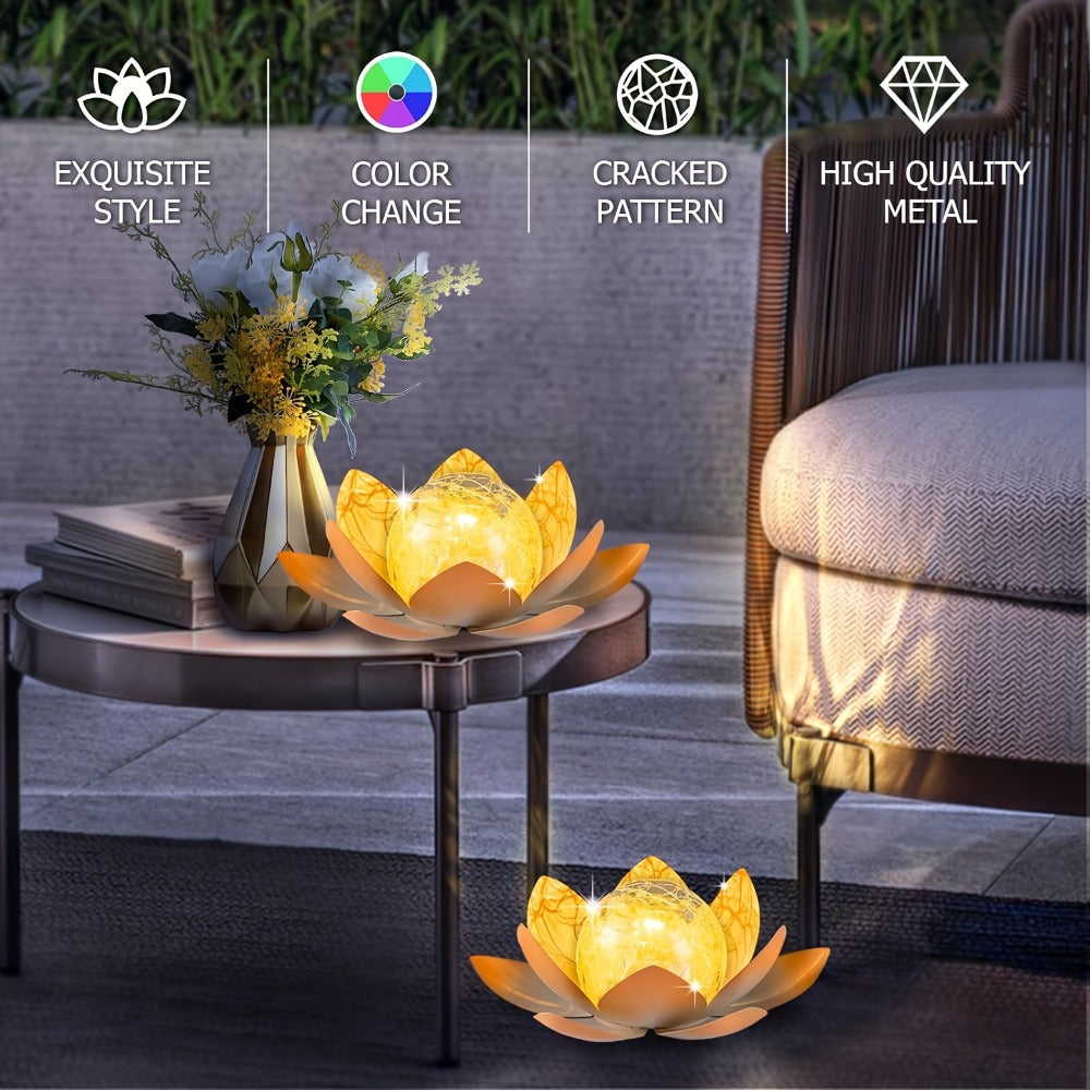 Solar Lotus Cracked Glass Ball Garden Lamp 2pcs, Metal Cracked Ball Solar Light for Outdoor & Indoor Decoration