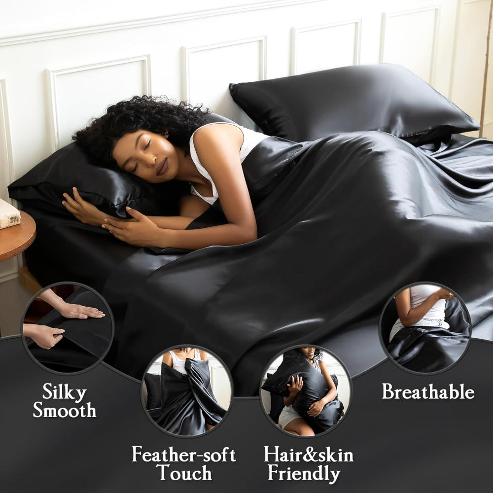 Sheet Set, Satin Bedding with 16-Inch Fitted Pocket, Three- or Four-Piece Size Configuration and Seven Solid Colors