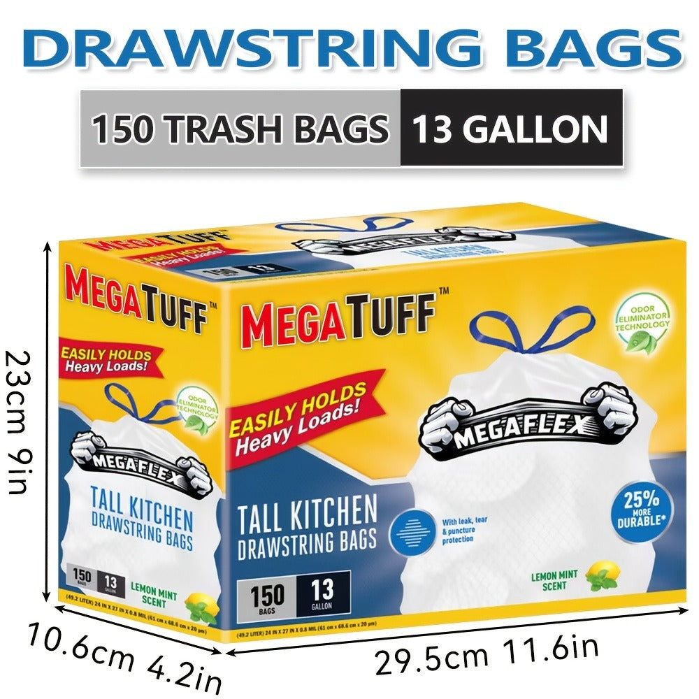 13-Gallon Scented Drawstring Trash Bags, 150-Count Pack in Three 50-Bag Rolls with Blue Ties