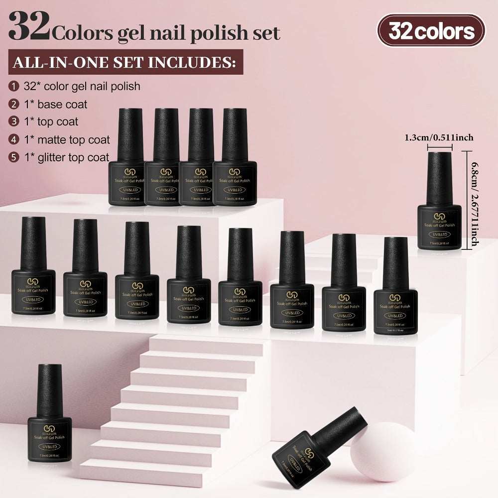 Gel Nail Polish 36-Piece Kit with 32 Colors, Base Coat and Three Top Coat Finishes for Home and Salon Use