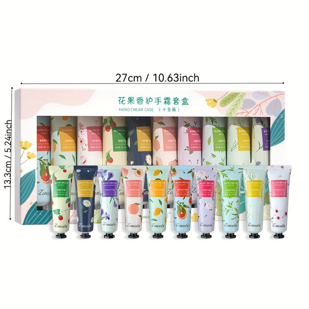 Ten-Piece Hand Cream Gift Box with Botanical and Fruit-Print Travel Tubes in Coordinated Assortment