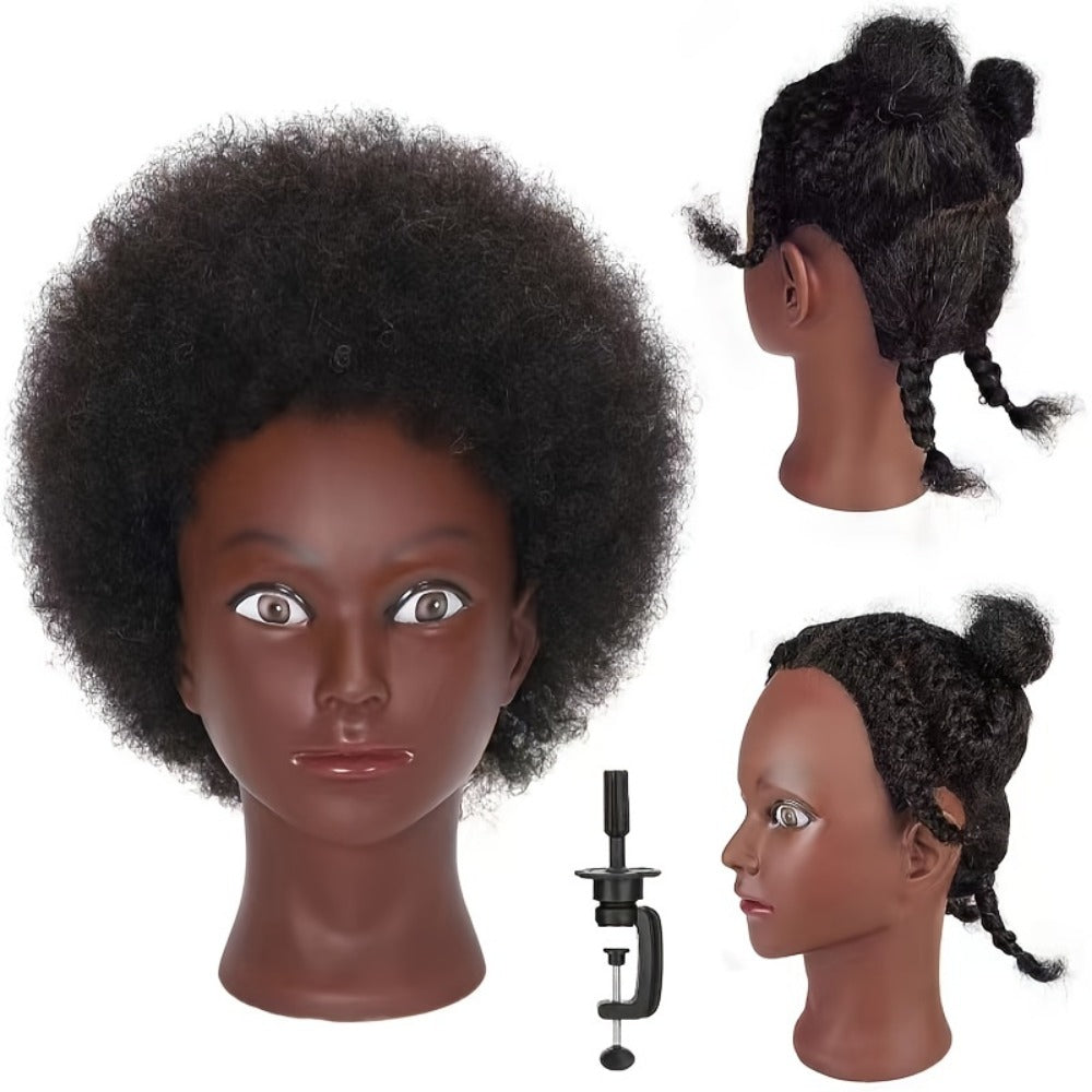Mannequin Head Human Hair Afro Curly with Clamp Cosmetology Practice Training Head for Hairdresser Braiding Styling Cutting 4 Styles Natural