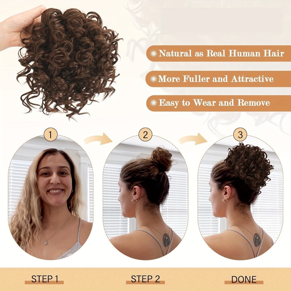 Hair Extensions Curly 10-Inch Synthetic Drawstring Bun with Comb Clips, 80g Weight and Two Brown Color Options