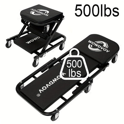 Mechanic Creeper 3-in-1 Z-Shape – 500 lb Capacity Foldable Garage Repair Stool, Lying Sitting Leaning Rolling Creeper with 6 Wheel Rollers