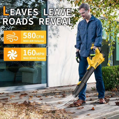Cordless Leaf Blower 580CFM 160MPH, 40V Brushless Motor, 4.0Ah Battery, 6-Speed, Extension Nozzle