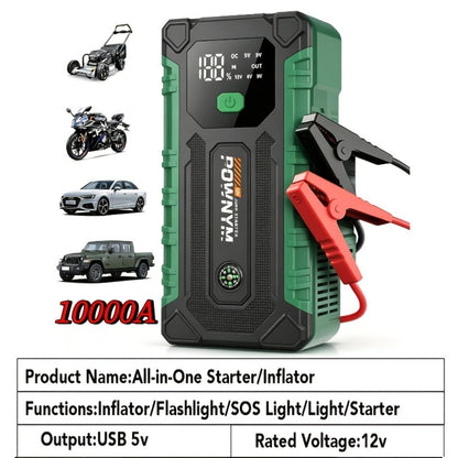 Portable Car Jump Starter 10000A – 9-in-1 Battery Booster with 350PSI Tire Inflator, LED Light, USB-C Fast Charging