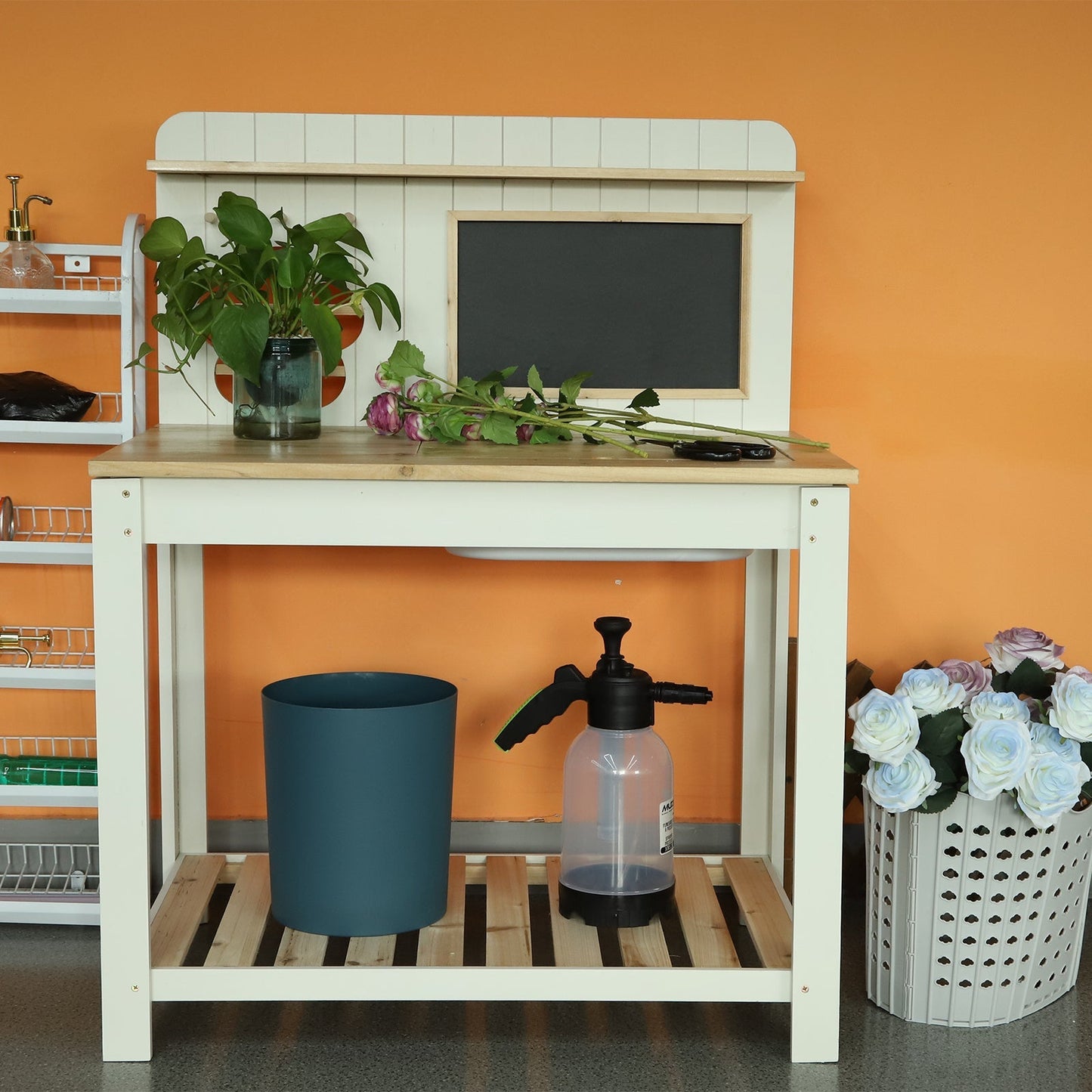 Potting Bench Table Cedar Wood Garden Workstation with Blackboard Removable Sink Hooks Double Shelf for Garden, Patio and Yard Use