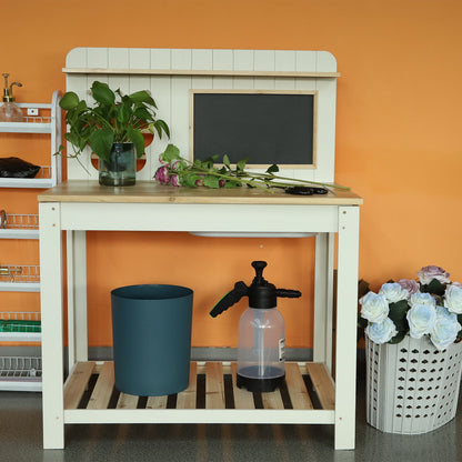 Potting Bench Table Cedar Wood Garden Workstation with Blackboard Removable Sink Hooks Double Shelf for Garden, Patio and Yard Use