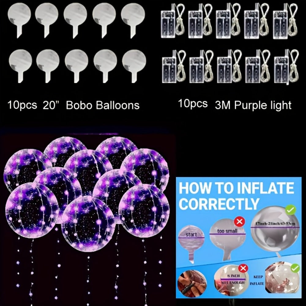 Party Decorations 20-Piece Clear Bobo Balloon Kit with LED String Lights and Six Light Color Options