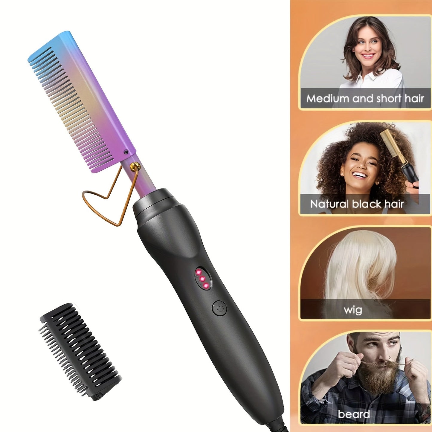 Electric Hot Comb Hair Styling Tool with Ceramic Heater, Holder, Two Clips and Five Color Options