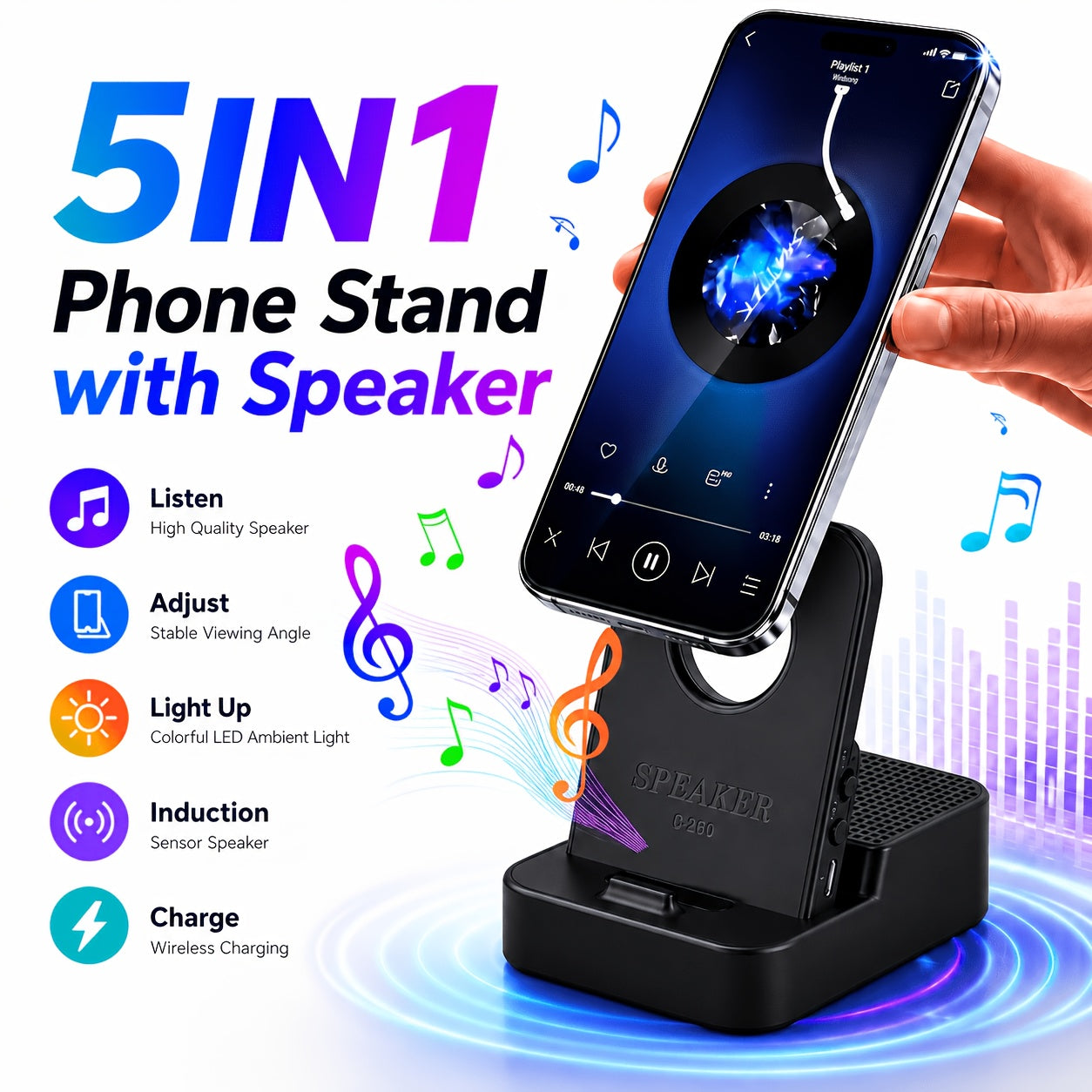 Magnetic Wireless Speaker Stand with Emergency Charging, 360° Adjustable Foldable Phone Holder, Portable Bluetooth Speaker