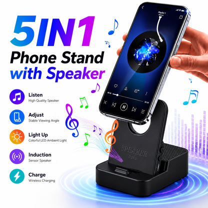 Magnetic Wireless Speaker Stand with Emergency Charging, 360° Adjustable Foldable Phone Holder, Portable Bluetooth Speaker