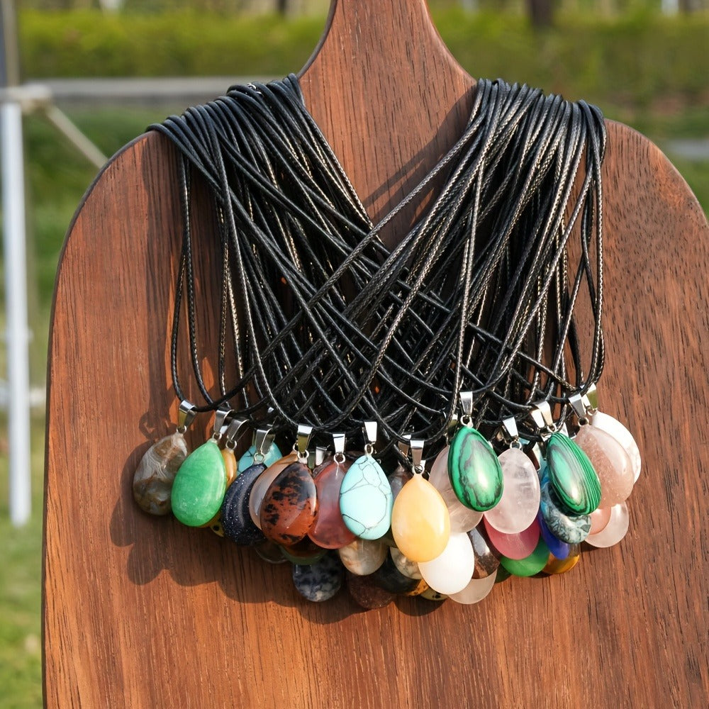 Crystal Pendant Necklace Set 40-Pack – Multicolor Water Droplet Artificial Crystal Pendants with Faux Leather Cord