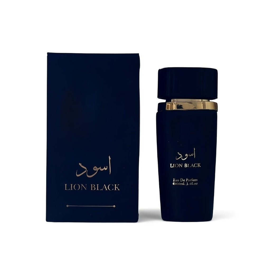Men's Cologne Lion Black 100ml Eau de Parfum Spray in Deep Blue Cylindrical Bottle with Matching Box