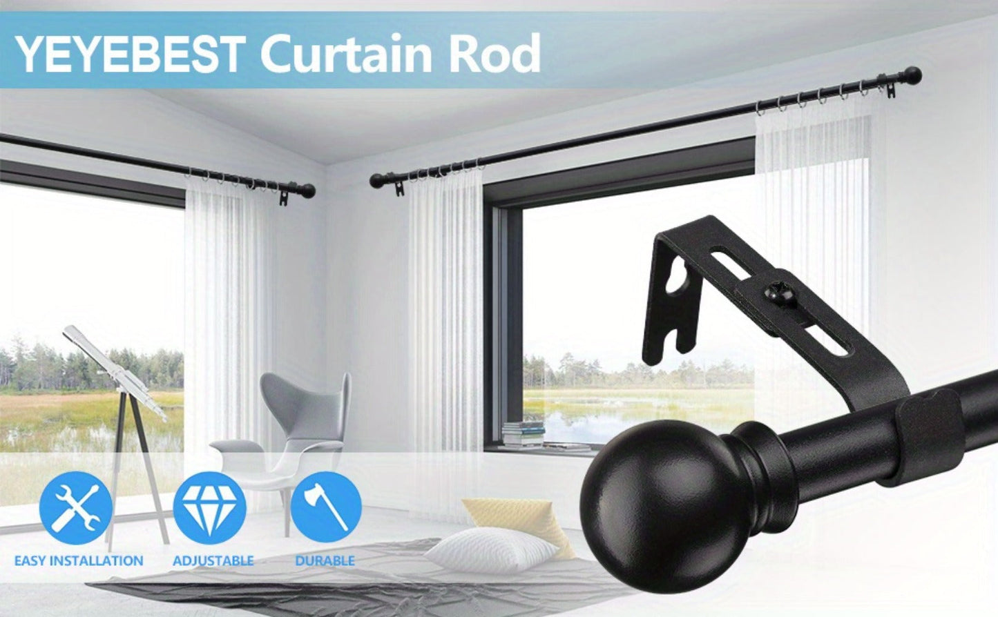 Two-Pack Matte Black Curtain Rod Set with 5/8 Inch Tube and 28–52 to 28–95 Inch Size Options