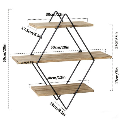 Three-Tier Diamond Wall Shelf with Dark Brown Boards, Black Wire Frame and 50 cm Pictured Height