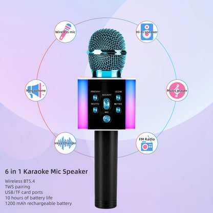 6-in-1 Wireless Karaoke Microphone Speaker with LED Lights and TWS shown in the Blue option