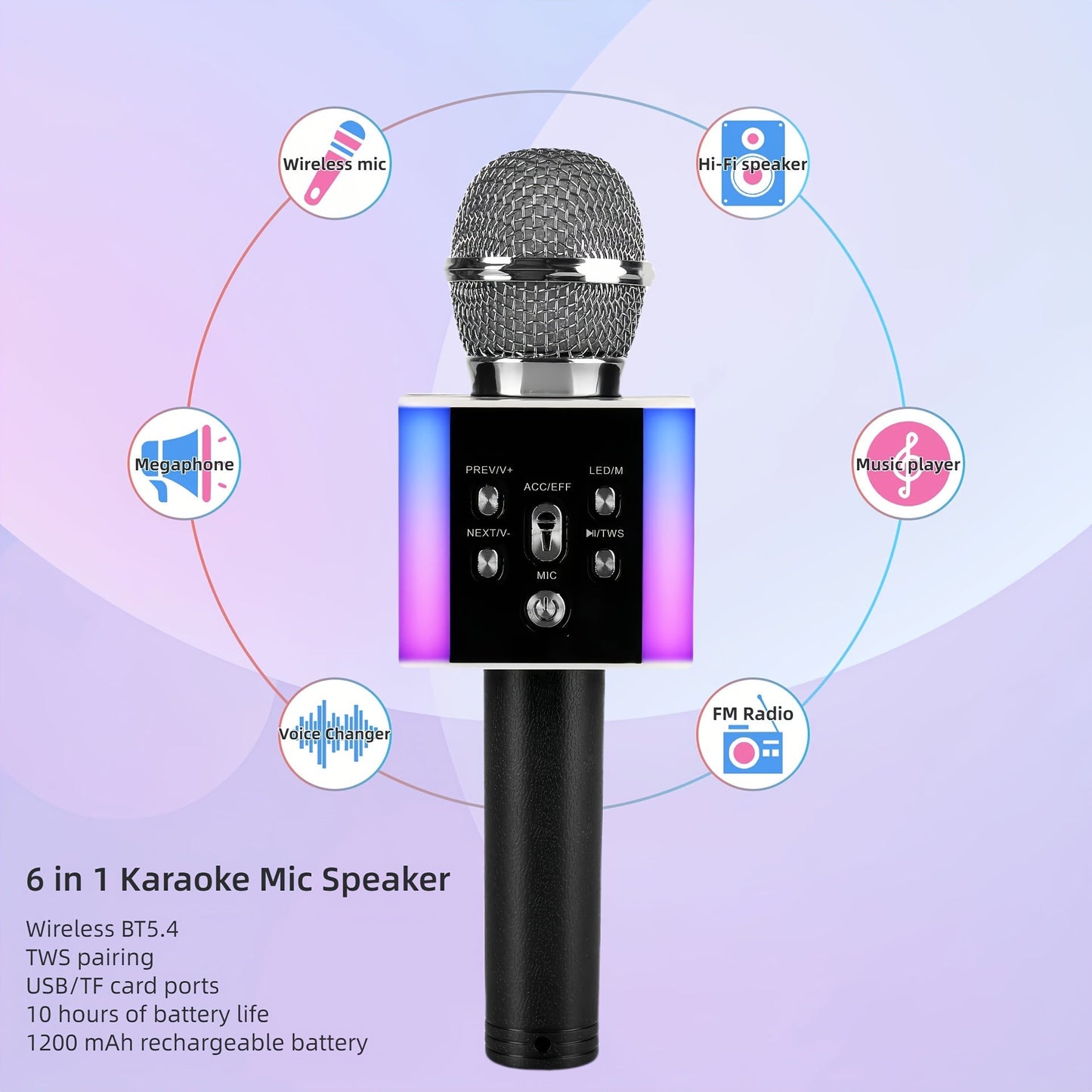 6-in-1 Wireless Karaoke Microphone Speaker with LED Lights and TWS shown in the Silvery option