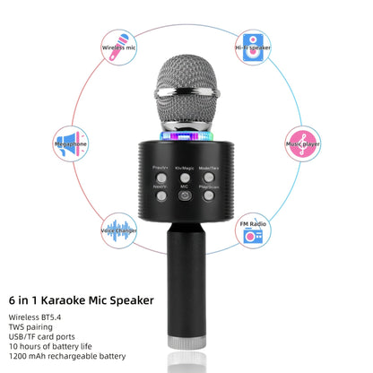 6-in-1 Wireless Karaoke Microphone Speaker with LED Lights and TWS shown in the Upgrade-Silvery option