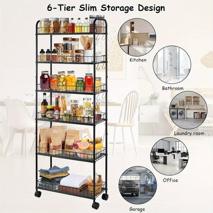 6-Tier Narrow Storage Cart with Rolling Wheels for Organized Everyday Storage in Kitchen detail image - detail view 10