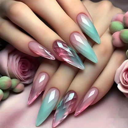 Glue On Nails, 120-Piece Medium Almond Set with Gradient Holographic Finish, Jelly Glue and Nail File
