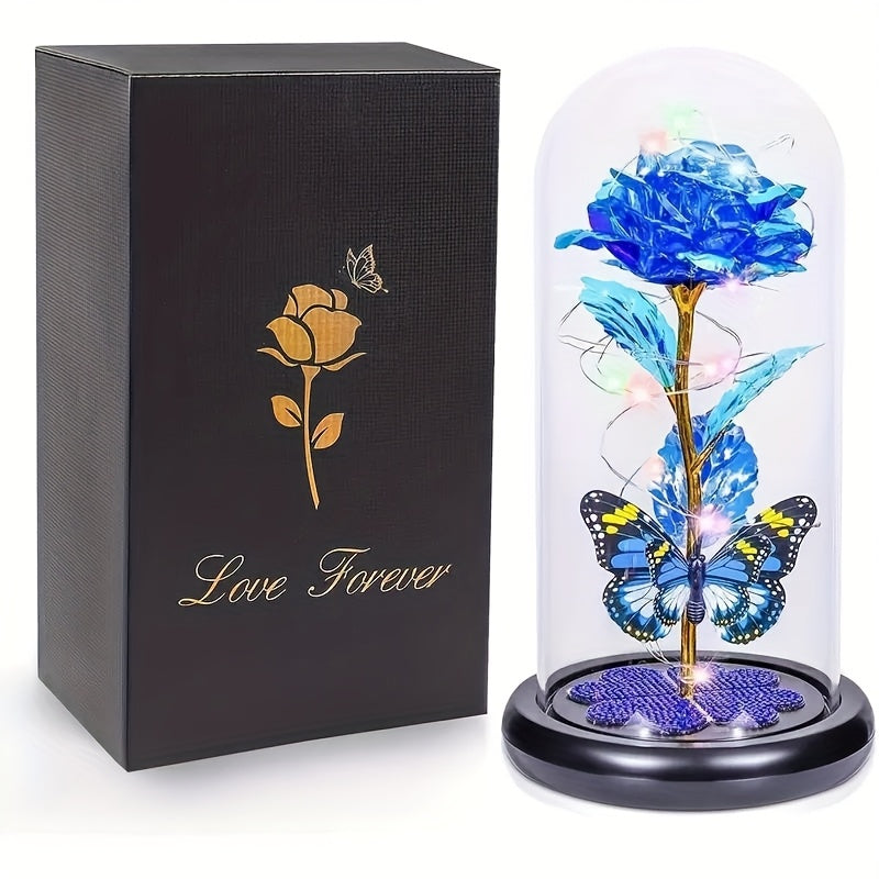Glass Rose Crystal Flower in Glass Dome with LED Glow - Eternal Galaxy Rose Gift for Women, Mom, Wife
