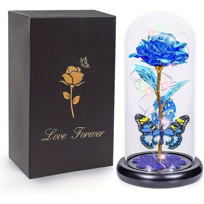 Glass Rose Crystal Flower in Glass Dome with LED Glow - Eternal Galaxy Rose Gift for Women, Mom, Wife