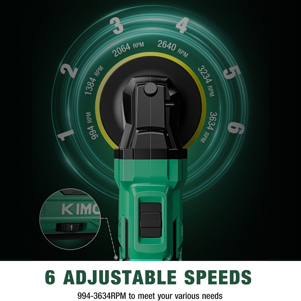 KIMO-Labeled 20V Cordless Rotary Buffer Polisher Kit with Six Speeds, Two 2.0Ah Batteries and Pictured Pads