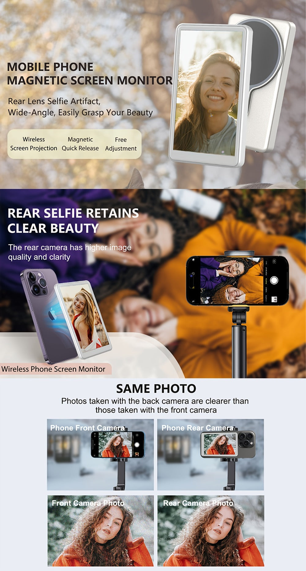Wireless Selfie Monitor Screen for iPhone Android, 2500mAh Battery, Remote Control, 3-Level Brightness & Wide Screen Mode
